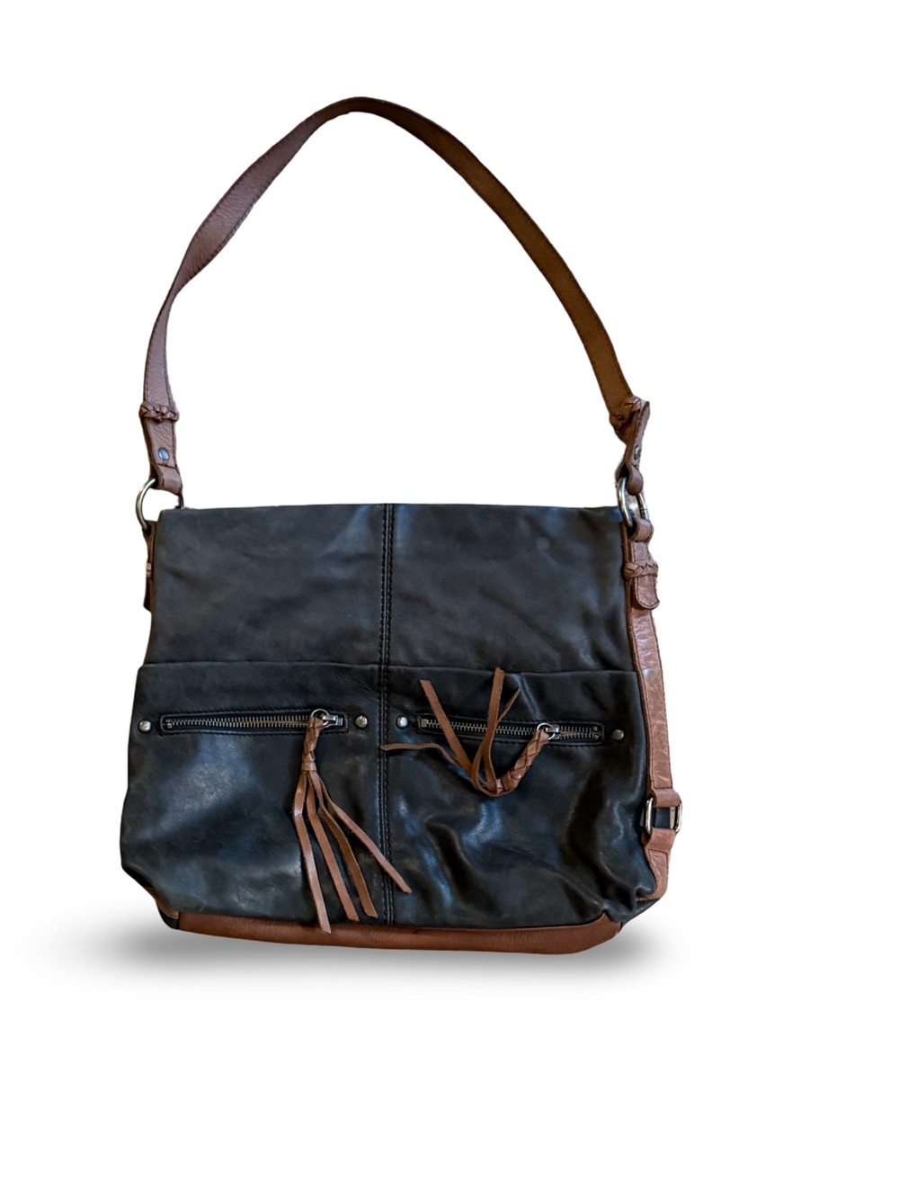 The Sak Ashland Leather Hobo Bag Black Tan Braided Trim Shoulder Bag